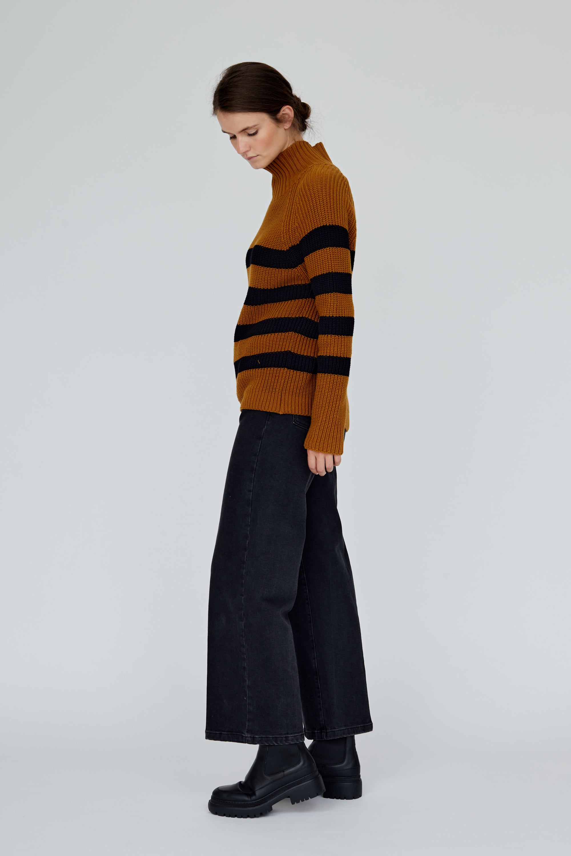 Basic Apparel Sweety High Neck Striped Sweaters 515 Bronze Brown/Black Stripe